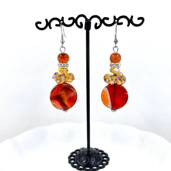 NWT - Charming Charlie - Agate Beaded Dangle Drop Silver Tone Fishhook Earrings - Picture 2 of 8